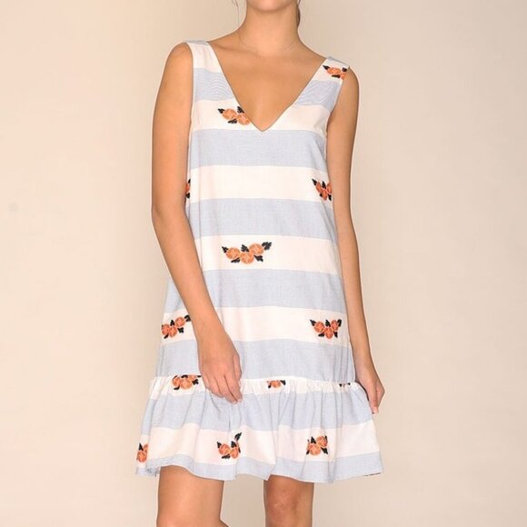 Anthropologie Pepaloves Flower Striped Mini Dress Size XS Blue White V-Neck Boho - Picture 2 of 13